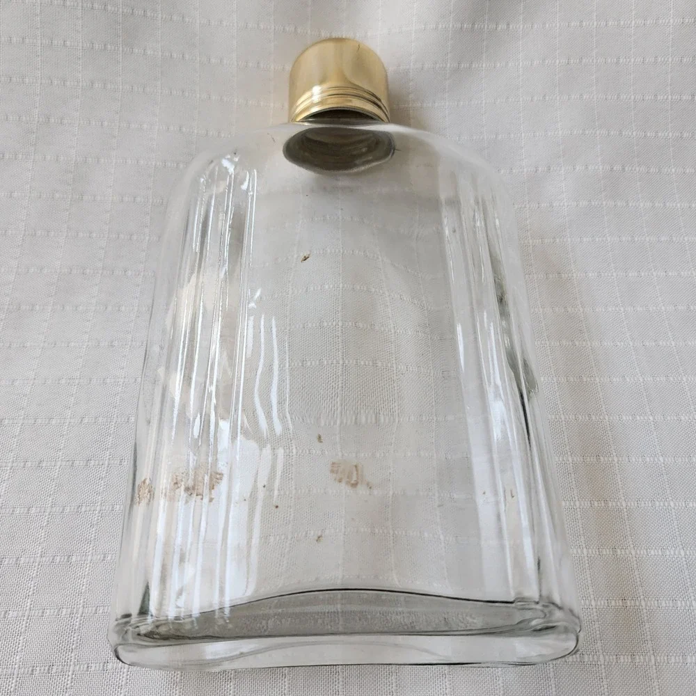 Vintage Ribbed Glass Hip Flask‎ with Two Tone Faux Leather Snap Sleeve Gold Cap